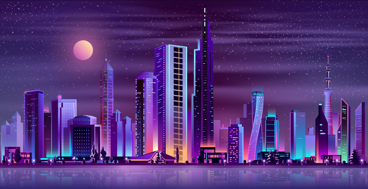 Metaverse city with neon lights.