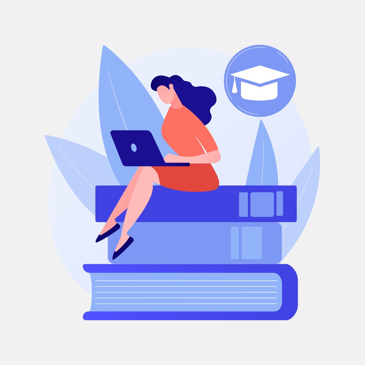 Woman using laptop sitting on a pile of books