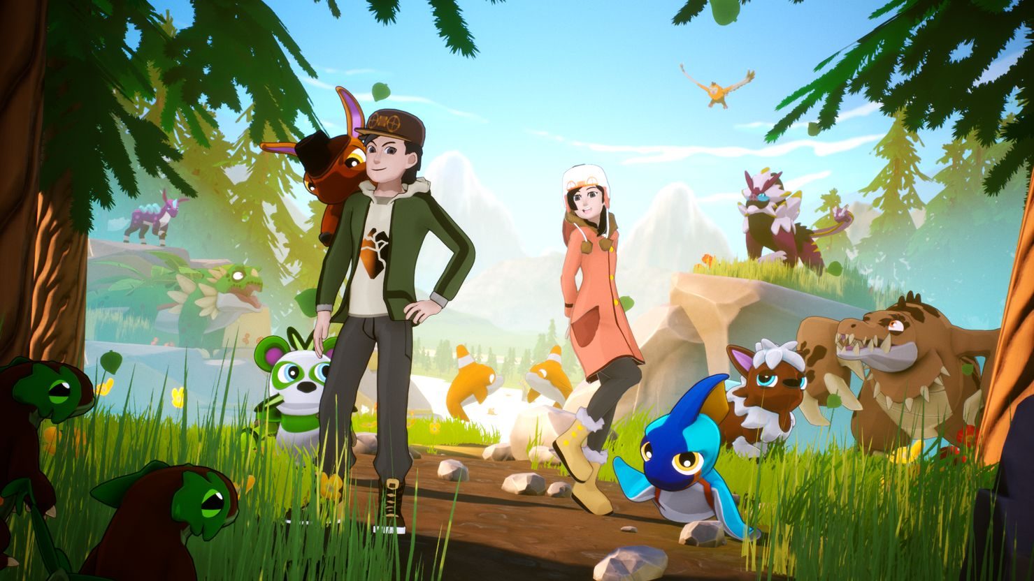 Anitons Boy and girl surounded by nature and small creatures - screenshot from a game called Anitons
