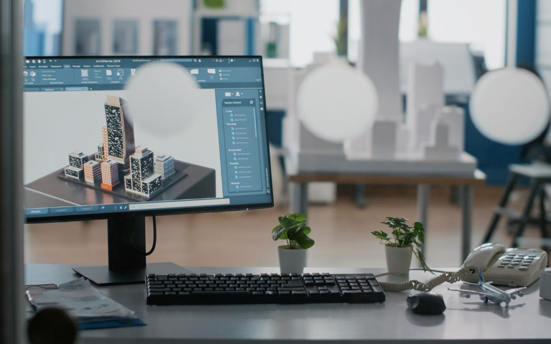 Monitor with 3D building model - 3D graphic design